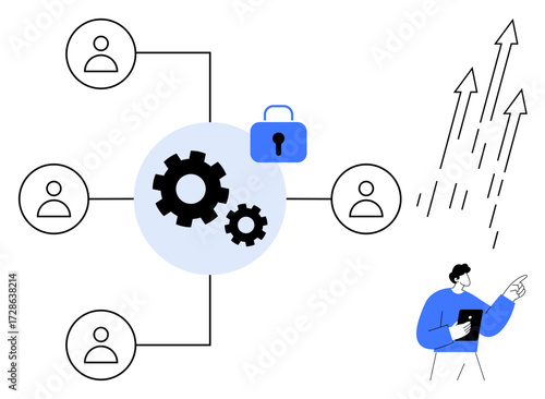 Connected team icons linked to gears, locked padlock symbol for security, arrows symbolizing growth, and a professional analyzing with a tablet. Ideal for collaboration, productivity, technology