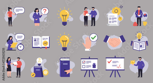Flat illustration icons related to business communication learning and ideas