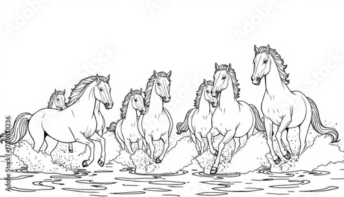 Minimilist a dynamic line art illustration of a group of horses running through water creating splashes and ripples vector