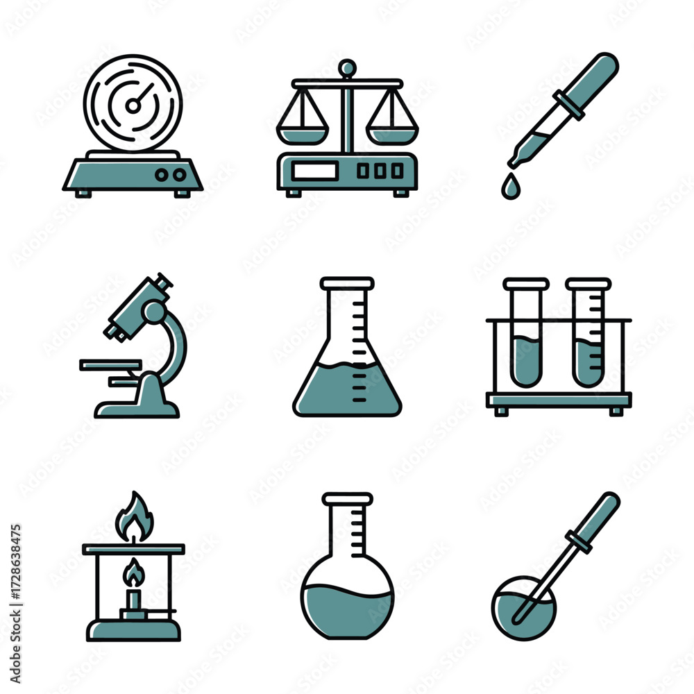 Obraz premium Collection of science laboratory equipment icons in teal and black beaker