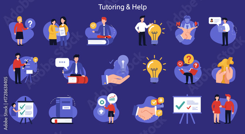 Flat illustration set on dark blue background depicts tutoring and help icons