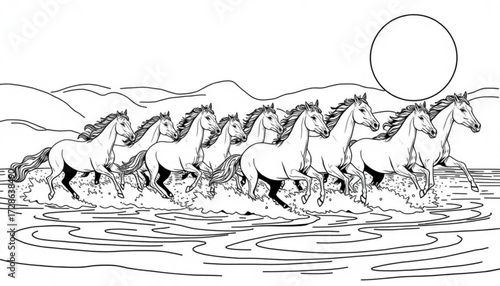 Minimilist a line art illustration of a herd of horses running through water with a sun in the background scene vector