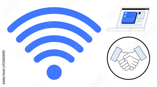 Blue wireless signal waves, a laptop displaying a webpage, and a handshake icon. Ideal for connectivity, networking, online communication, remote work, collaboration, agreement digital technology
