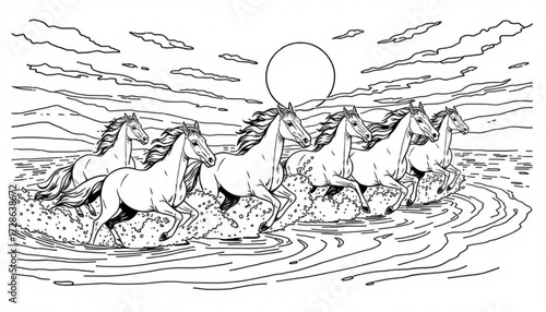 Minimilist line art of six horses running through water with sun and clouds in the background landscape view vector