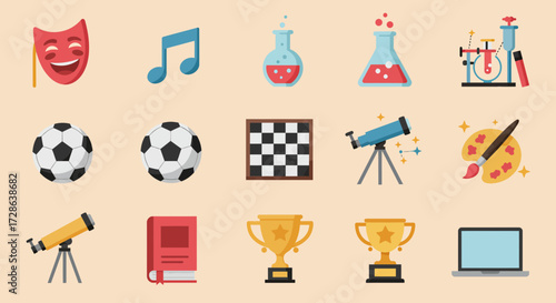 Grid of fifteen flat icons representing various school subjects and hobbies