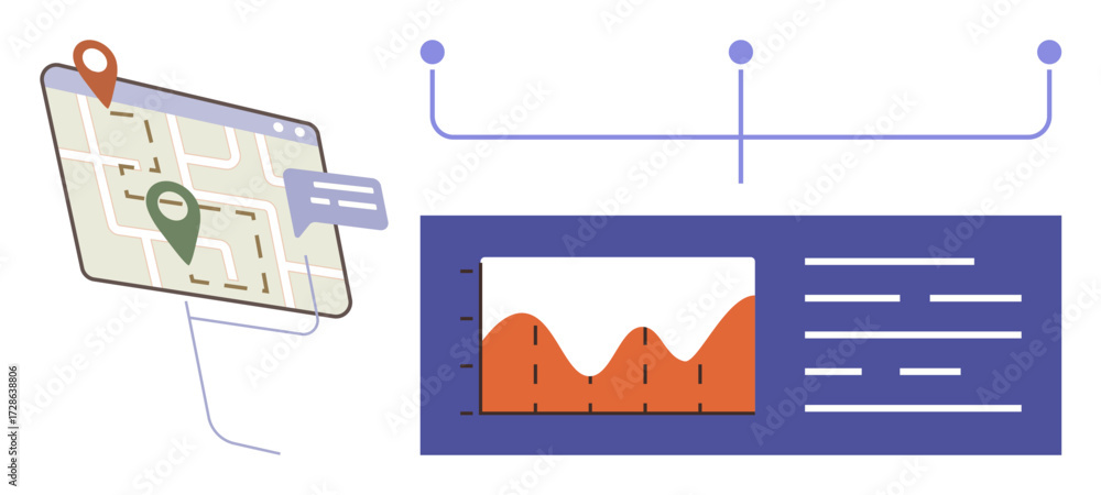 Obraz premium Map with location pins and speech bubble next to data chart with peaks, text blocks, and connecting nodes. Ideal for navigation, analytics, planning, strategy, logistics, monitoring simple flat