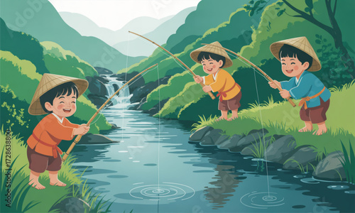 Adventurous boy exploring fishing in the village