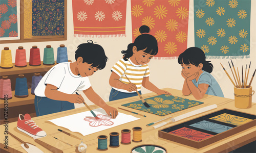 Adventurous boy exploring painting batik