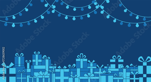 Vector art of a festive blue background with a row of gift boxes and twinkling string lights, perfect for holiday celebrations and special occasions