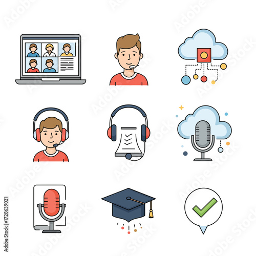 Nine colorful line icons depict remote work audio recording and education concepts