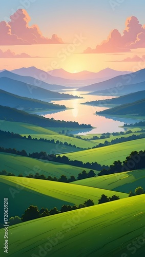 Idyllic landscape with rolling hills and a serene lake at sunset painting style art