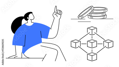 Woman gesturing upward, stack of coins, and blockchain nodes interconnected. Ideal for cryptocurrency, blockchain, fintech, investment, decentralization finance digital technology themes. Simple