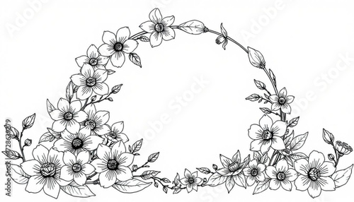 Minimilist floral semi circle frame with flowers leaves and buds in black and white line art style design vector
