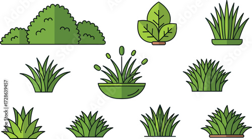 Flat green grass icons set, 10 nature plant elements in EPS format, garden bushes and shrubbery vector illustrations for landscape design