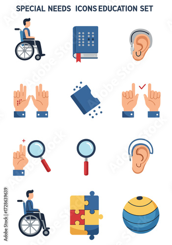 Special needs education icons set featuring mobility vision hearing and sensory tools