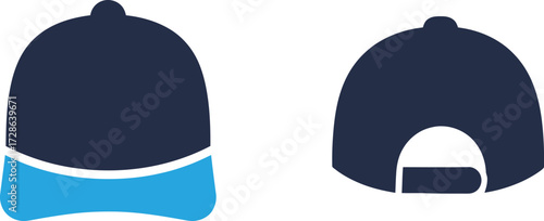 Baseball cap vector mockup set, navy blue and light blue snapback hat front and back view, blank headwear template for logo branding