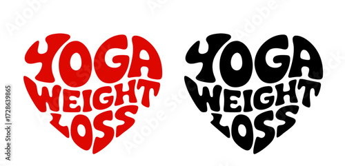 Heart-shaped sticker set in colorful and black design promoting yoga practices for weight loss and health improvement