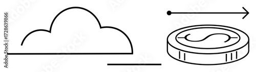 Cloud and coin connected by an arrow symbolize digital transactions, data storage, and financial growth. Ideal for cloud technology, fintech, SaaS, investment, ecommerce, innovation simple flat