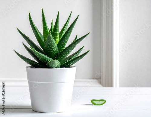 A vibrant aloe vera plant in a white pot