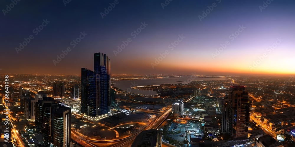Obraz premium AI image: Dramatic skyline of a modern city at dusk illuminated with vibrant colors and