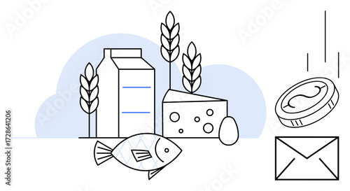 Milk carton, cheese, fish, egg, wheat symbolize food and agriculture coin and envelope represent economy and exchange. Ideal for nutrition, farming, economy, sustainability trade food policy local
