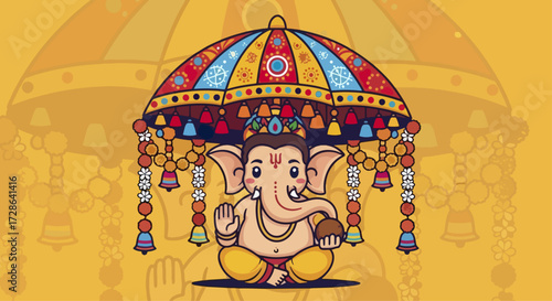 Cartoon ganesha under colorful umbrella