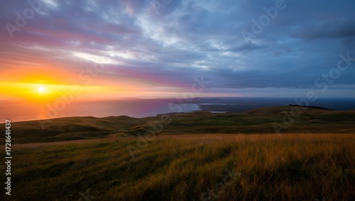 A scenic sunset over the ocean with rolling hills and a cloudy sky at dusk time