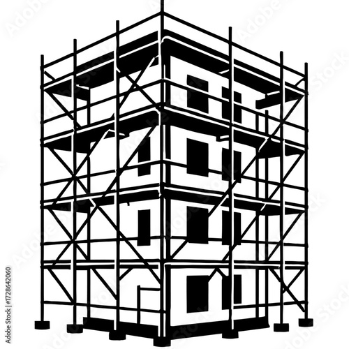 Black and White Building with Scaffolding Vector - Illustration of a Construction Site or Real Estate Development