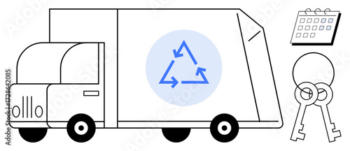 Recycling truck with triangular arrows logo, set beside calendar and keys. Ideal for sustainability, waste management, moving services, schedule planning, green initiatives, logistics, eco-lifestyle