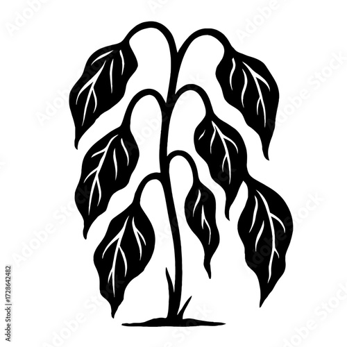 Black and White Silhouette Vector of a Plant with Drooping Leaves - Illustration for Nature, Health, and Garden Designs.