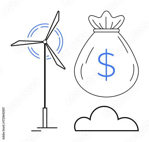 Wind turbine spinning near money bag and cloud. Ideal for sustainability, renewable energy, investment, eco-friendly solutions, green finance, cost savings, environmental growth. Simple flat metaphor