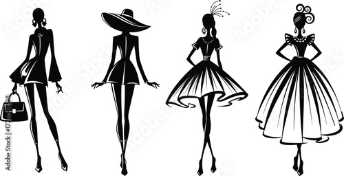 PrintElegant women fashion silhouettes, black and white vector illustration, stylish outfit poses, modern clothing design, runway model art, chic apparel concept
