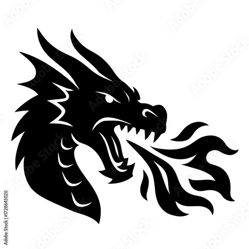 Bold Black and White Dragon Head Vector - Fantasy Illustration of a Mythical Creature Breathing Fire