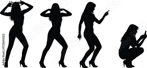 PrintFemale silhouette vector illustration, stylish woman poses, expressive body language, mobile interaction, high heels, long hair, modern fashion, black and white design.