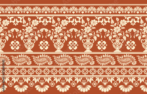 floral pattern vintage ethnic modern embroidery texture boho design vector illustration hand drawn pink flower motif branches leaves wallpaper seamless background border.