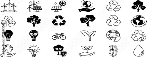 Set of Ecology and Sustainability Icons. Solid and Outline Symbols of Renewable Energy, Recycling, Nature Conservation, Eco-Friendly Living, and Environmental Protection