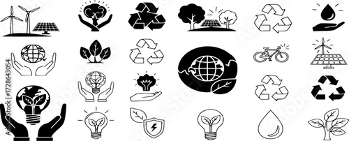 Set of Ecology and Sustainability Icons. Solid and Outline Symbols of Renewable Energy, Recycling, Nature Conservation, Eco-Friendly Living, and Environmental Protection