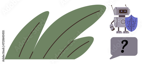 Robot holding shield beside a speech bubble in a grassy environment. Ideal for concepts of technology, cybersecurity, communication, AI ethics, sustainability, nature harmony, innovation. Simple flat