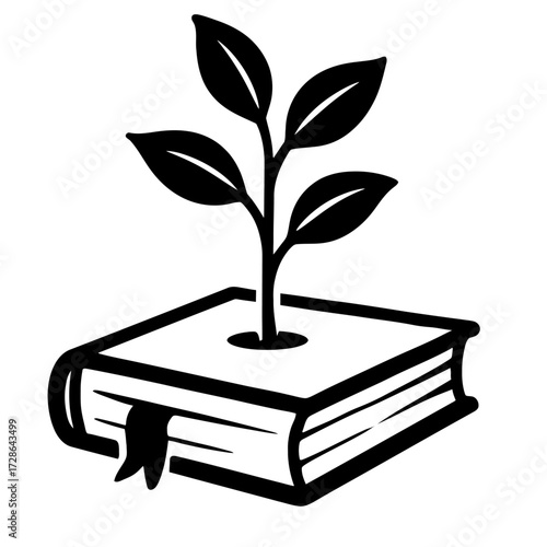 Vector of a Plant with Leaves and a Bookmark Sprouting from a Book - Symbol for Learning, Knowledge, and Growth.