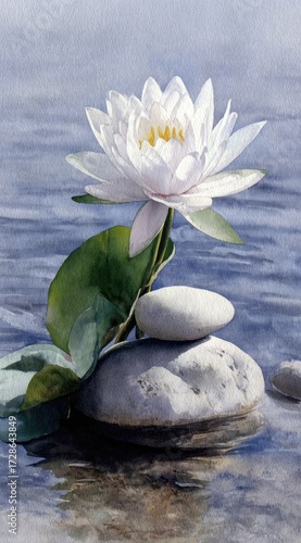 A serene watercolor painting of a white water lily resting gracefully on a tranquil water surface, balanced atop smooth stones.