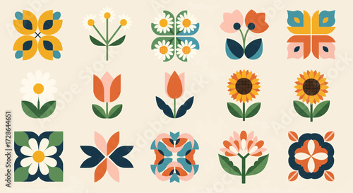 A vibrant collection of stylized, geometric flowers and floral patterns inspired by folk art and mid-century design.