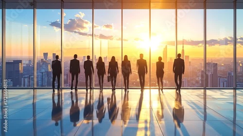 Group of Professionals Admiring Sunset, Symbolizing Success and Partnership