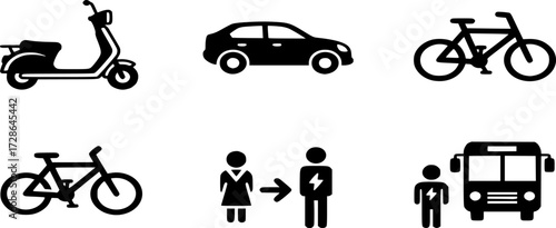 Electric and Sustainable Transportation Solid Icon set. Vector Illustration of Eco-Friendly Travel, Featuring Scooter, Car, Bike, Ride-Sharing, and Public Transit Symbols in Bold style