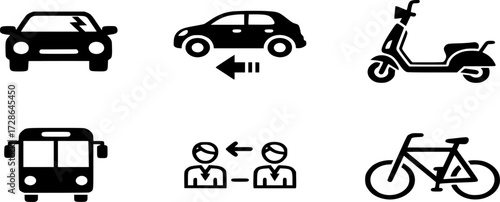 Electric and Sustainable Transportation Solid Icon set. Vector Illustration of Eco-Friendly Travel, Featuring Scooter, Car, Bike, Ride-Sharing, and Public Transit Symbols in Bold style