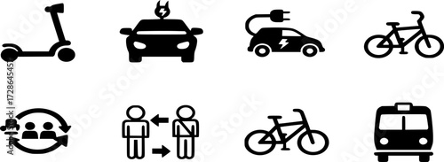 Electric and Sustainable Transportation Solid Icon set. Vector Illustration of Eco-Friendly Travel, Featuring Scooter, Car, Bike, Ride-Sharing, and Public Transit Symbols in Bold style