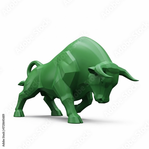 Green Low Poly Bull Statue on White Background.
