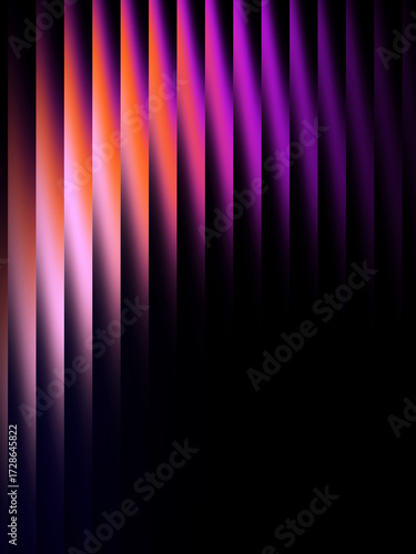Abstract purple orange gradient glossy refracted Strips glass effect on black background. Futuristic ribbed texture for cyber tech background, header, cover, poster, backdrop, wallpaper. 