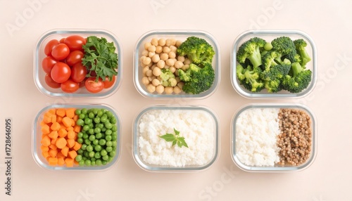 Generated image preparazione cibi vegani in contenitori trasparenti generato con ia