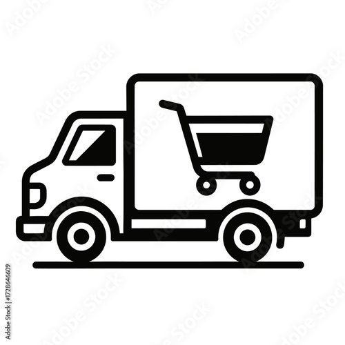 A delivery truck with a shopping cart inside, a modern symbol for e-commerce, shipping, and fast delivery.