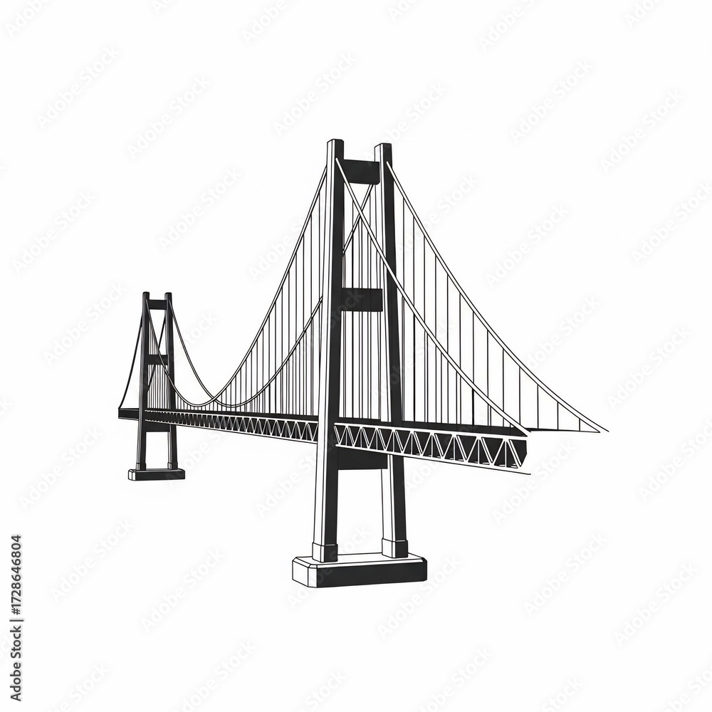 Fototapeta premium Minimalist Black and White Suspension Bridge Illustration.